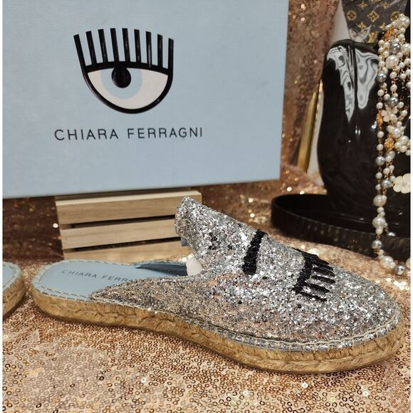 NIB CHIARA FERRAGNI Glitter Espadrille Mules In Silver - Picture 9 of 13
